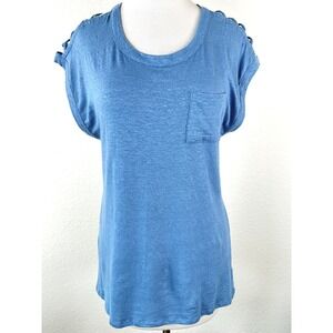 Chaser Linen Tee Blue Open Shoulder Lattice Cutout Pocket Hi Lo Top M
